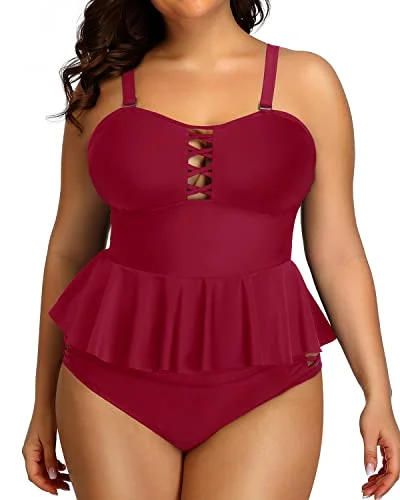 SwimseaLace Up Two Piece Bathing Suits For Women Tummy Control-Red