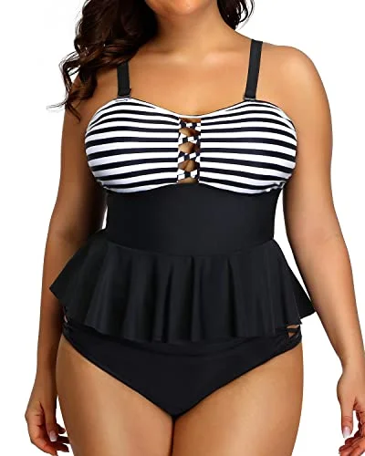 SwimglamourPlus Size Lace Up Tummy Control Tankini Swimsuits For Women-Black And White Stripe