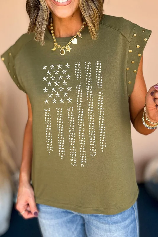 Travel T-ShirtsRhinestone US Flag Round Neck Cap Sleeve Women T-Shirt