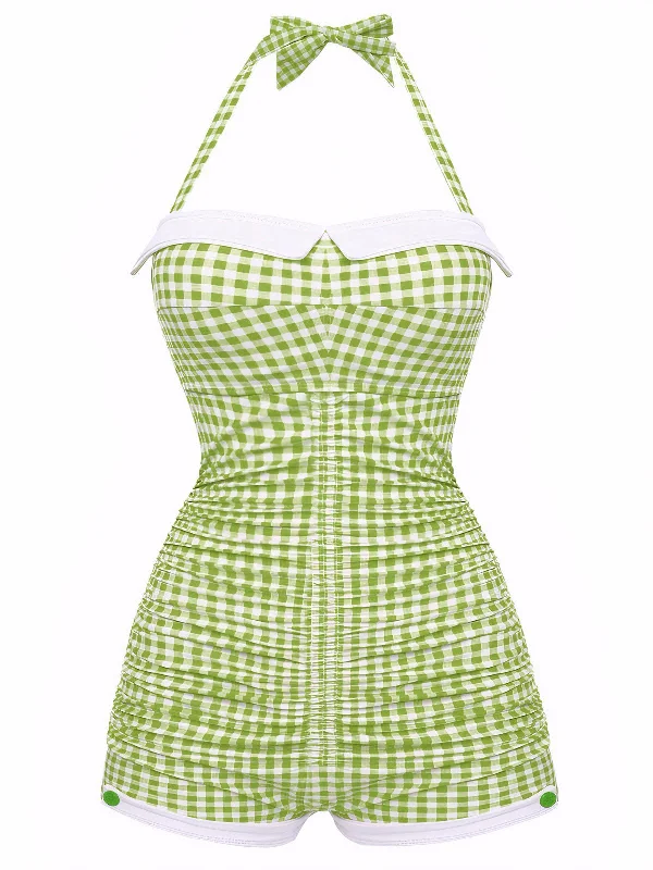 Gingham 1950s Halter Bowknot One-piece Swimsuit