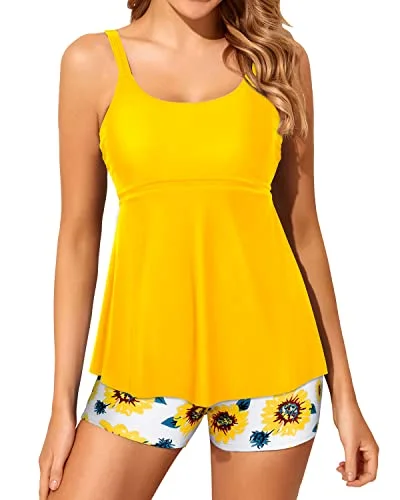 SwimbuckleU Neck Two Piece Tankini Bathing Suits For Women Boy Shorts Modest Swimwear-Yellow And Sunflower