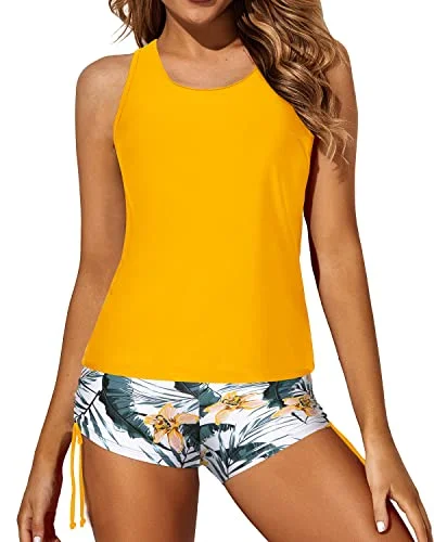 SwimlaceModest Tankini Top Boy Shorts & Bra Athletic 3 Piece Swimsuits-Yellow And Leaves