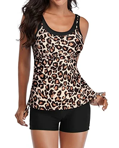 SwimhookWomen's Slimming Two Piece Tankini Swimsuits Shorts-Black And Leopard