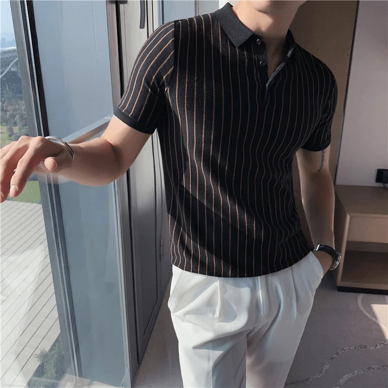 Cotton T-ShirtsLapel Tight-Fitting Striped Stretch Short-Sleeved T-Shirt