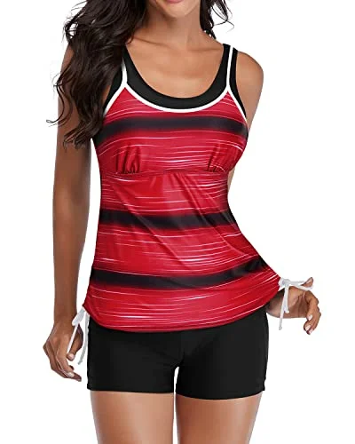 SwimracerbackAthletic Double Up Bathing Suits Layered Design & Boyleg Bottom-Red Stripe