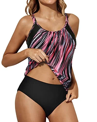 SwimbreathWomen Two Piece Tankini Blouson Top And Bottom Sporty Swimsuits-Black And Pink Stripes