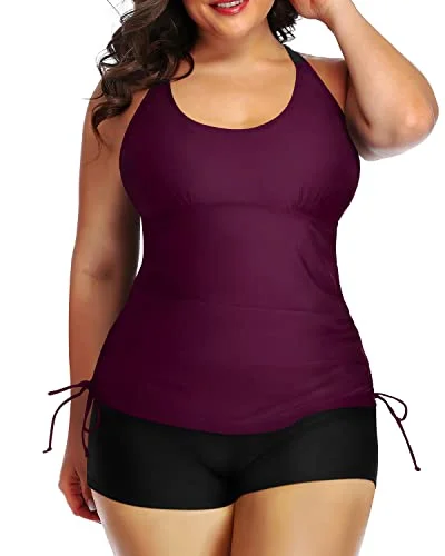 SwimcoolAthletic Plus Size Two Piece Ruched Swimsuit Tummy Control-Maroon