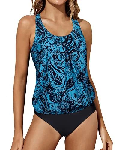 SwimfitRacerback Tankini Tank Tops Bottoms Blouson Swimwear For Women-Black And Tribal Blue