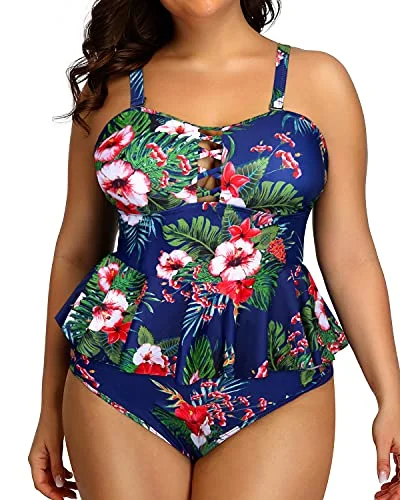 SwimtoneCriss Cross Design Plus Size Swimsuits For Women-Blue Floral