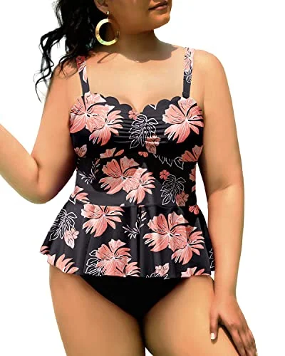 SwimstyleTwo Piece Peplum Swimwear Scalloped Swimsuits For Curvy Girls-Black Orange Floral