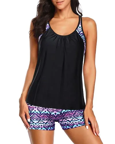 SwimlonglineWomen Two-Piece Tankini Swimsuits Athletic Swim Tank Top Boy Shorts-Black And Tribal Purple