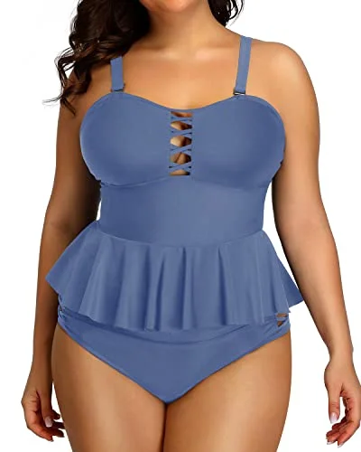 SwimflareWomen's Vintage Ruffle Tankini Swimsuit Top Lace Strappy Sides-Blue