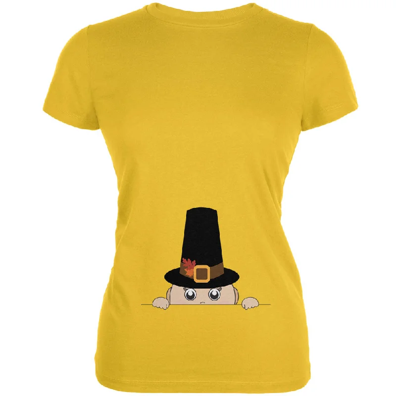 Running T-ShirtsPeeking Baby Thanksgiving Pilgrim Yellow Juniors Soft T-Shirt