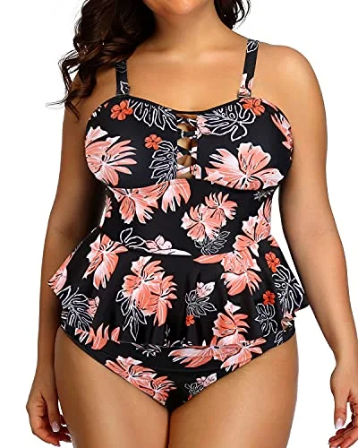 SwimfitPlus Size Peplum Tankini Tops High Waisted Swimwear-Black Orange Floral