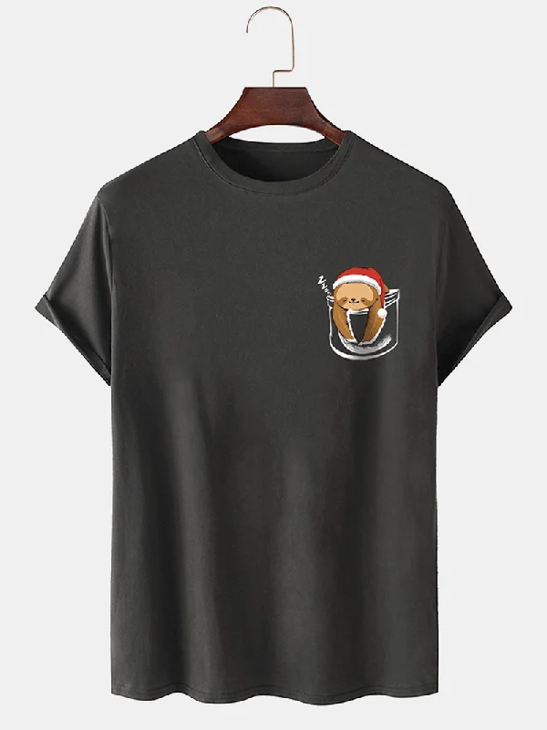 Longline T-ShirtsMens 100% Cotton Christmas Bear O-Neck Solid Color Thin T-Shirt