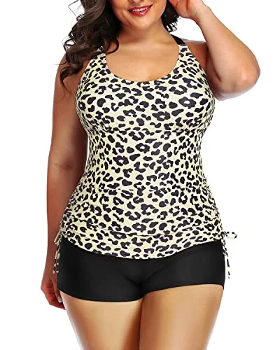 SwimsharpRound Scoop Neckline Bathing Suit Shorts-Beige Leopard Print