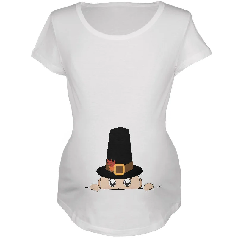 Skateboard T-ShirtsPeeking Baby Thanksgiving Pilgrim White Maternity Soft T-Shirt