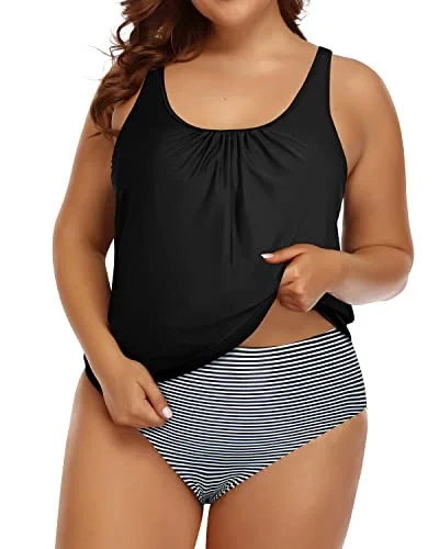 SwimzipWomens Plus Size Two Piece Bathing Suits Blouson Tankini High Waist Bottom-Black Stripe