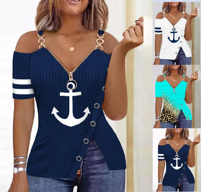 Sheer T-ShirtsBoat Anchor Pattern Printed Zipper T-shirt