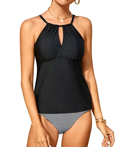 SwimnetAdjustable Straps Keyhole Tankini Top 2 Piece Swimsuit For Women-Black Stripe