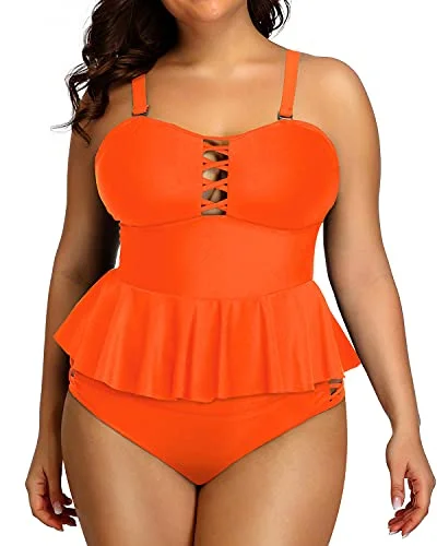 SwimbreathLace Up Built In Padded Bra Plus Size Bathing Suits For Women-Neon Orange