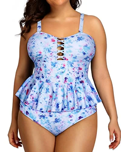 SwimpoolLace Up Peplum Tankini Tops High Waisted Swimwear For Women-Blue Tie Dye