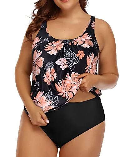 SwimknotWomen's Plus Size Two Piece Blouson Tankini Swimsuit-Black Orange Floral