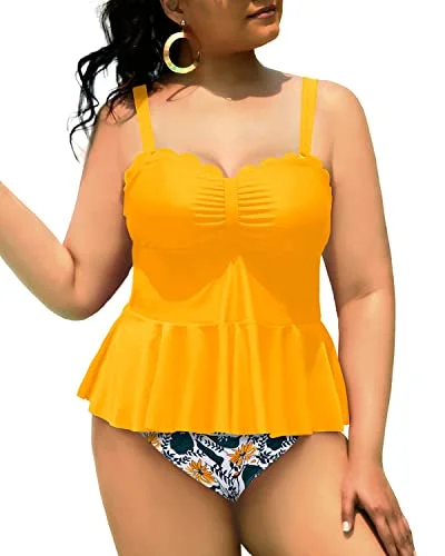 SwimbeachPeplum Tankini Top High Waisted Swim Bottom Plus Size Tankini Swimsuits-Yellow Floral