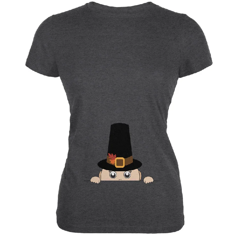 Camping T-ShirtsPeeking Baby Thanksgiving Pilgrim Juniors Dark Grey Heather Soft T-Shirt