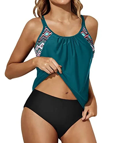 SwimtubeAthletic Round U Neck & O-Ring Back Tankini Swimsuits For Women-Teal