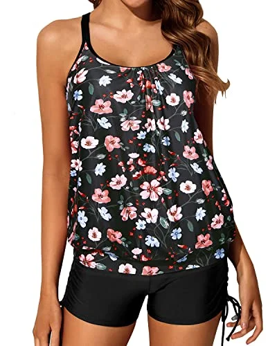 SwimtoneBlouson Tankini Swimsuits Slimming Tummy Control Criss Cross Swimwear-Black And Pink Floral