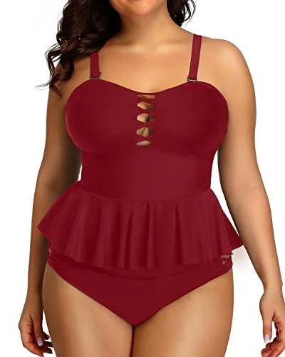 SwimstylePlus Size Peplum Tankinis Tummy Control And High Waisted Bikini Bottoms-Maroon