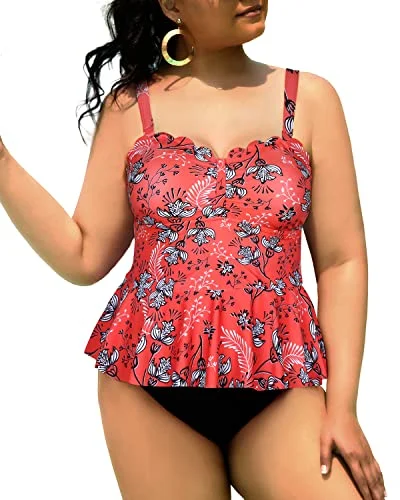 SwimfunTwo Piece Ruffle Hem Peplum Tankini Swimsuits For Curvy Girls-Red Floral