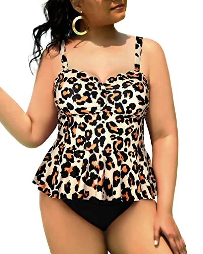 SwimglamAdjustable Straps Plus Size Two Piece Swimsuits For Curvy Women-Black And Leopard