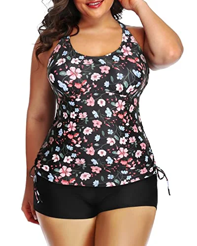 SwimvintageAthletic Two Piece Swimwear Shorts For Plus Size-Black And Pink Floral