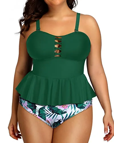 SwimlightWomen's Criss Cross Two Piece Swimsuit Removable Straps-Green Tropical Floral