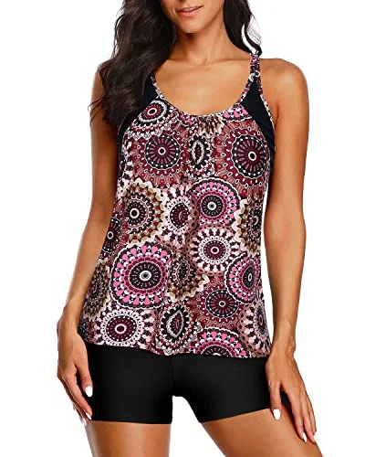 SwimhookPadded Bra Adjustable Wide Straps Two Piece Tankini Set Casual Tankini Set-Brown Print