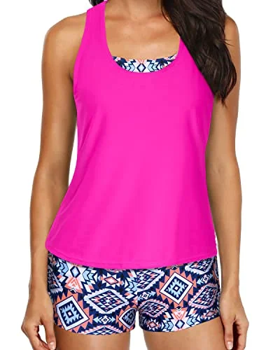 SwimflareWomen's Athletic Tankini Swimsuits Shorts And Bra Strappy Bathing Suits-Pink Tribal