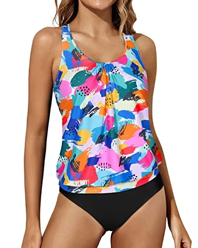 SwimflareLoose Fit Racerback Tank Tops Bottoms Blouson Swimwear-Color Block