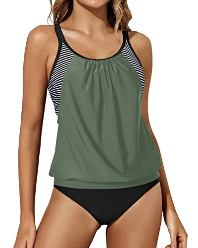 SwimwaterBlouson Swim Top & Bottom Double Up Tankini Swimsuits For Women-Army Green