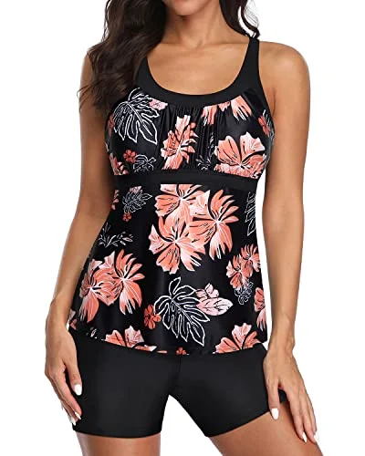 SwimstrappyAthletic Racerback Tankini Swimsuits Boyshorts For Women-Black Orange Floral