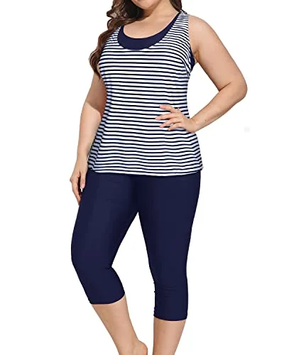 SwimbuttonPlus Size Tankini Swimsuits Sports Bra And Swim Capris For Women-Blue White Stripe