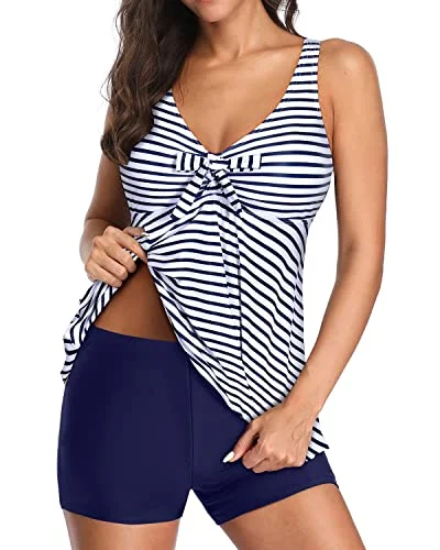 SwimwarmBowknot Front V Neck Tankini Bathing Suits Boyshorts For Women-Blue White Stripe