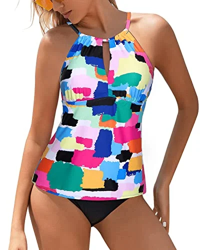 SwimlaceHigh Neck Tankini Swimsuits Women Two Piece Tummy Control Bathing Suits-Aqua