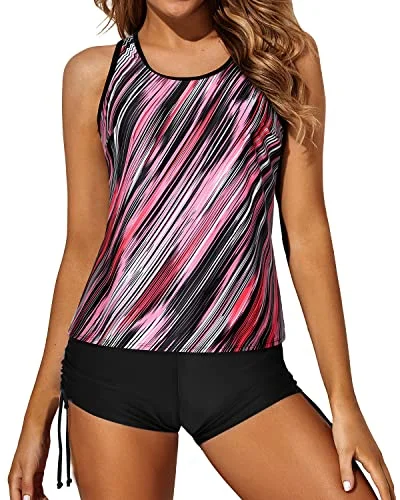 SwimsecureStrappy Criss Cross Straps Tankini Swimsuits For Women-Black And Pink Stripes