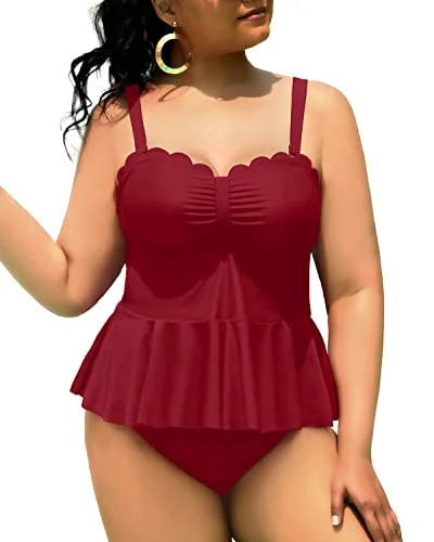 SwimchicPlus Size 2 Piece Tankini Tummy Control Bathing Suits For Curvy Girl Swimsuits-Maroon