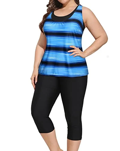 SwimcropSlimming Plus Size Swimsuits For Women Sports Bra & Swim Capris-Blue And Black Stripe