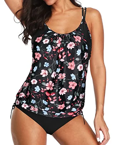 SwimpeakLayered Tankini Swimsuits For Women Blouson Tankini Swimsuits For Women-Black Floral