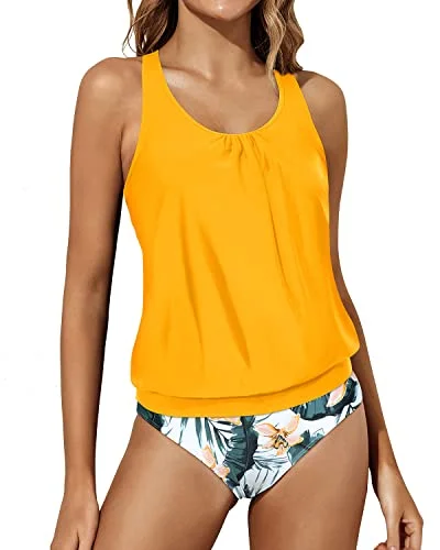 SwimsparkRacerback Tank Tops Bottoms Two Piece Swimsuit Blouson Swimwear-Yellow Flowers