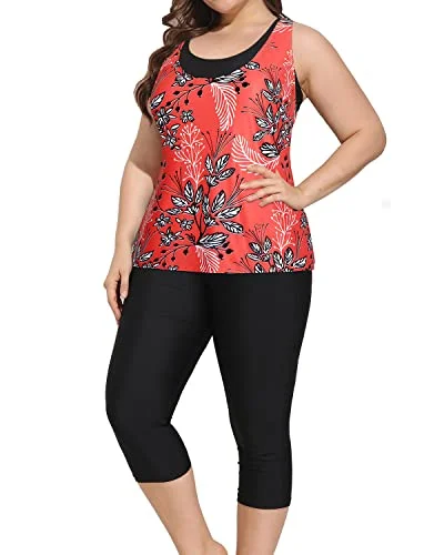 SwimedgeAthletic Bathing Suits For Women Plus Size Tankini Tops And Swim Capris-Red Floral